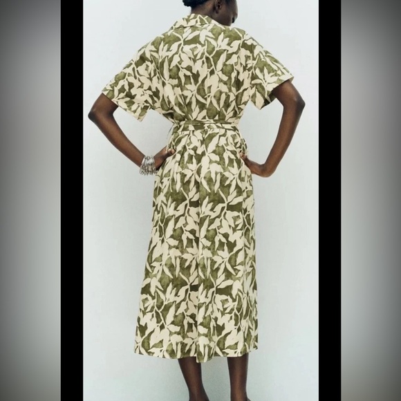 ZARA Shirt Dress Womens XL Green Cream Leaf Print Button Front Belted Midi - Picture 4 of 16